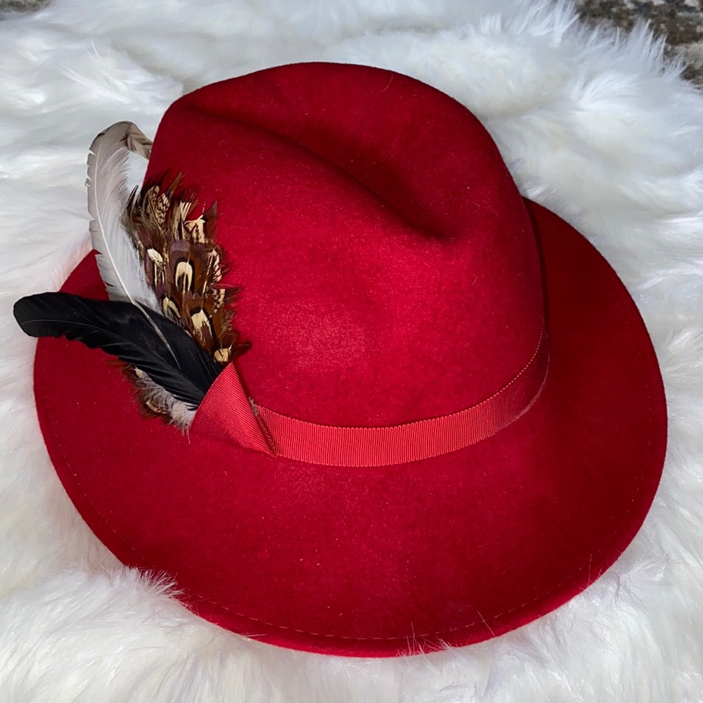 Vintage Red 100% Wool Hat with Feathers